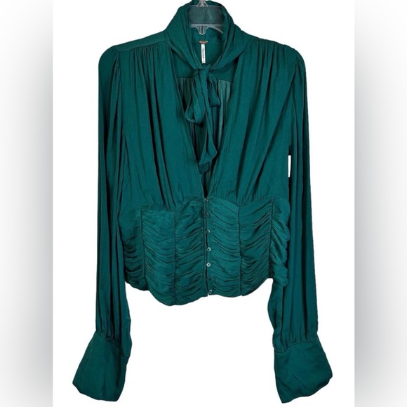 Free People Meet Me There Ruched Tie Neck Blouse Green M Cottagecore Coquette - Picture 2 of 9